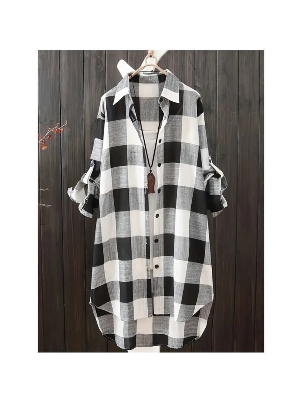 Women’s Black White Buffalo Plaid Long Shirt Tunic 3XL US 18 Roll Sleeve